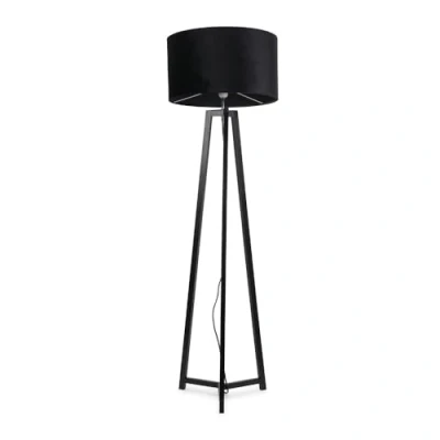 Image of Black Wood Tripod Floor Lamp with Velvet Drum Lampshade Living Room Light LED Bulb Included