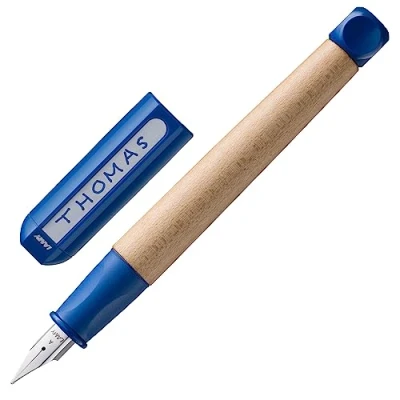 Image of LAMY abc blue child friendly Fountain Pen for writing beginners with ergonomic grip &amp; polished Left Handed steel nib (LH) in size M robust maple wood including T 10 ink cartridge