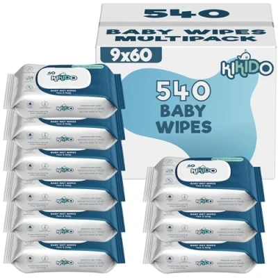 Image of Kikido Baby Wipes 540 Children&#039;s Wet 9 Packs of 60 Delicate for Sensitive Skin Moist, Cleansing and Sanitizing