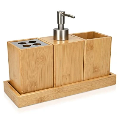 Image of Navaris Bamboo Bathroom Accessories Set 4 Piece Bath with Toothbrush Holder, Soap Dispenser, Storage Container, Organiser Tray Natural Wood