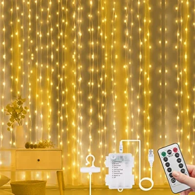 Image of Vicloon Curtain Fairy Lights, LED Waterproof Window String Lights with Remote Control Timer for Outdoor Indoor Party Bedroom Decoration