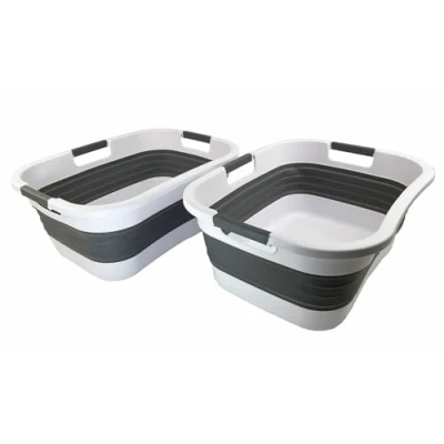 Image of SAMMART 30L Collapsible Plastic Laundry Basket Foldable Pop Up Storage Container/Organizer Portable Washing Tub Space Saving (2, White/Steel Grey)