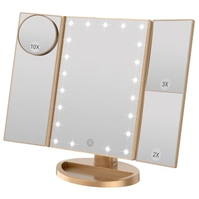 Image of WEILY Tri Fold Makeup Mirror with 2X/3X Magnifying 21 LEDs, 2 Power Supply Mode, Touch Switch Tabletop Cosmetic (Gold)