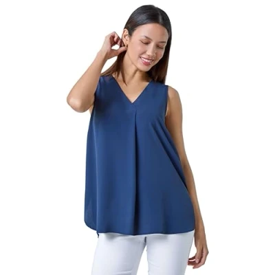 Image of Roman Womens V Neck Sleeveless Vest Pleat Top Navy Size 10 UK
