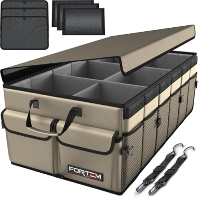 Image of FORTEM Car Boot Organiser, Storage Accessories, Collapsible Multi Compartment Tidy, Non Slip Bottom, Adjustable Securing Straps (Tan, X Large)
