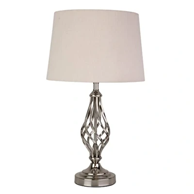 Image of Lighting Supermarket Queenswood Traditional Barley Twist Table Lamp with Natural Linen Drum Shade Silver Chrome