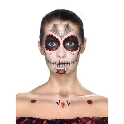Image of Smiffys Make Up FX, Day of the Dead Kit, Aqua, Red Transfers, Face Paints, Crayon &amp; Applicators, Cosmetics and Disguises Fancy Dress, Halloween Dress Disguises.