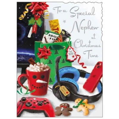 Image of Nephew Christmas Card Special Gaming and Hot Chocolate Artistic Festive Design Finishes Illustrated Insert Leaf Made in the UK
