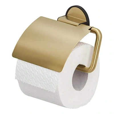 Image of Tiger Tune Toilet Roll Holder with Cover, No Drilling Required Thanks to 3M Self Adhesive Backing System, Optional Mounting Screws and Plugs, Brass Brushed, Black, 15 x 12.3 3.3 cm