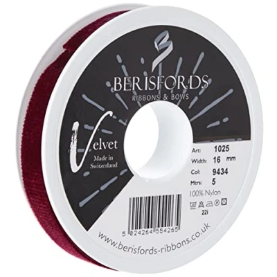 Image of Berisfords Velvet Ribbon, Burgundy, 5m, 16mm width