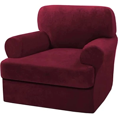 Image of LINGKY Velvet Sofa Covers with Separate T Cushion Ultra Soft Plush Slipcover No Pilling Washable Furniture Protector Elastic Bottom (Wine Red,1 Armchair)