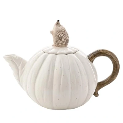 Image of Widdop and Co. Country Living White Glazed Ceramic Hedgehog Teapot. Home Decor Gifting for Tea, Coffee, Kitchen &amp; Dinner Parties + Animal Nature Lovers H: 16 x W: 21.5 D: 13.5cm.