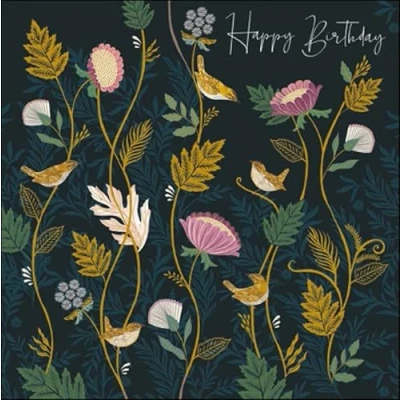 Image of Woodmansterne Artistic Female Open &#039;Happy Birthday&#039; Greeting Card From The National Trust Harmony Range Embossed With A Gold Foil Finish (Cirl Buntings)