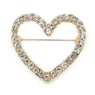 Image of Avalaya Gold Plated Clear Crystal Open Heart Brooch 40mm