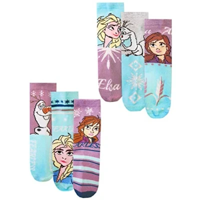 Image of Disney Frozen 2 Assorted 6 Pack Girls Elsa, Anna &amp; Olaf Official Character Socks