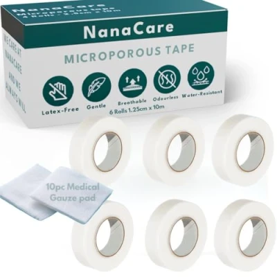 Image of NanaCare Microporous Surgical Tape 1.25cm x 10 m (6 Rolls) Micropore Earring Medical for Skin, Dressings and Face First Aid Suitable Sensitive Skin