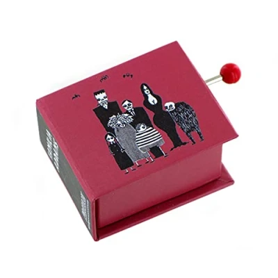 Image of Hand cranked Music Box/Musical Box Made of Illustrated Cardboard in The Shape a Book with 18 Note Musical Mechanism Addams Family TV Series Theme (Vic Mizzy)