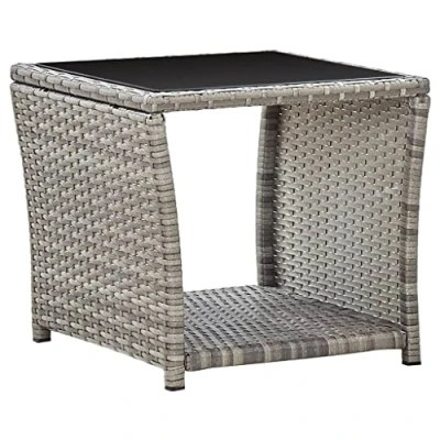 Image of vidaXL Grey Poly Rattan and Glass Coffee Table Square Outdoor Bistro with Extra Storage Weather proof Easy to Clean