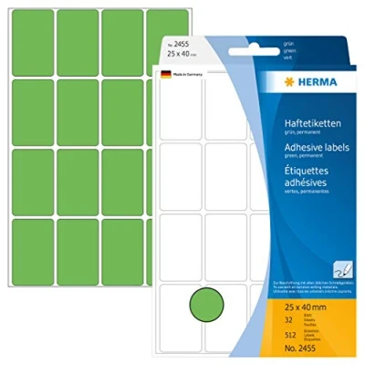 Image of HERMA Multi Purpose Labels, 24 Labels per Sheet, 32 Sheets, 25 x 40 mm, 768 Self Adhesive Small Stickers, Blank Sticky for Office Kitchen Home, Green