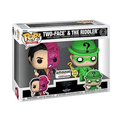 Image of Funko POP! Heroes: Batman Two Face (1995) 2 Pack &amp; Riddler (Glow) DC Comics Amazon Exclusive Collectable Vinyl Figure Gift Idea Official Merchandise Comic Books Fans