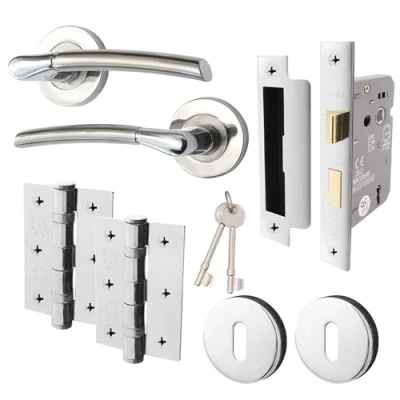 Image of EAI Internal Door Handle Sash Lock Set Duo Finish 1 Pair Satin Nickel and Polished Chrome Lever on Rose Round (80mm), Hinges (76mm), of Escutcheons
