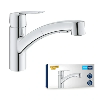 Image of GROHE QUICKFIX Start Kitchen Sink Pull Out Dual Spray Tap Single Lever Mixer (Low Spout with 90 Swivel Area, 1 Hole Easy Install QuickMount, Tails 3/8 Inch, Min. 1.0 bar), Supersteel, 30531DC1