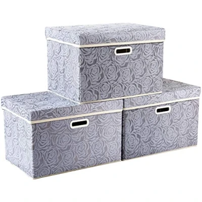 Image of PRANDOM Larger Collapsible Storage Boxes with Lids Fabric Decorative Bins Cubes Organizer Containers Baskets Cover Handles for Bedroom Closet Living Room Gray 17.7x11.8x11.8 Inch 3 Pack