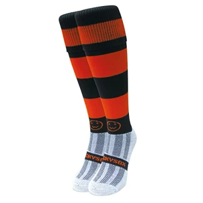 Image of WackySox Orange and Black Hoop Rugby Socks, Sports Socks for Men Women, Mens Work Perfect Riding, Football, Running, Hockey other Activities