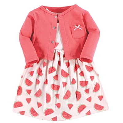 Image of Hudson Baby Infant Girl Cotton Dress and Cardigan Set, Coral Watermelon, 9 12 Months