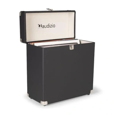 Image of Audizio RC32 Vinyl Record Storage Case Black, Stylish LP Case, Durable Holder with Soft Flannel Lining, Holds 30 35 Records, Metal Latch, Hinge &amp; Carry Handle for Easy Transport