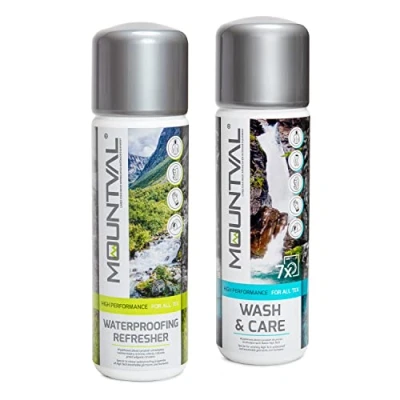 Image of Mountval Wet Weather Clothing Care Set, Wash &amp; (315ml), Waterproofing Refresher (300ml), Protection for Technical and Clothing, Equipment Hiking Gear incl. GORE TEX