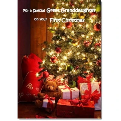Image of doodlecards Great Granddaughters 1st First Christmas Card Teddy by Tree Medium Size for with Plain Envelope