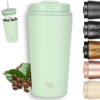 Image of Milu Travel Mug 300ml, 400ml, 500ml 100% Leakproof Stainless Steel Coffee Thermal to go Insulated with Straw Keeps hot for 10h / Cold 20h, BPA Free (Lily Green, 500ml)