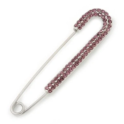 Image of Classic Amethyst Austrian Crystal Safety Pin Brooch in Rhodium Plating 75mm Length