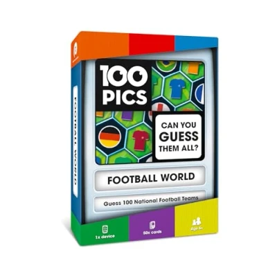 Image of 100 PICS Football World Travel Game Identify National Squads from flags and kits Flash Cards with Slide Reveal Case Card Game, Gift, Stocking Filler Ages 6+