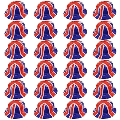Image of QDS 24 x Union Jack Bowler Hats British Flag Queens Jubilee Fancy Dress Party Hat Patriotic Costume Accessory, Red, White, Blue
