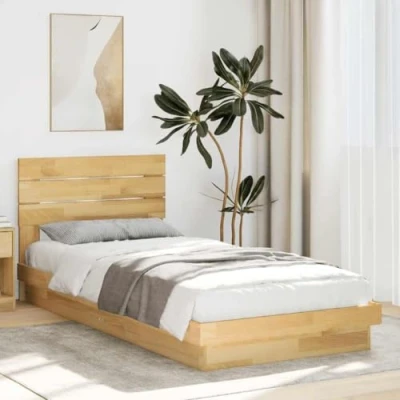 Image of vidaXL Solid Oak Wood Bed Frame/Headboard Single/Twin Size Bedroom Furniture with Underbed Storage, Slatted Base Support, 90x190 cm