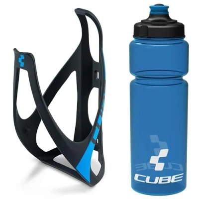Image of Cube HPP Cage Matt Black/Blue &amp; Icon Bottle Blue, 750ml / Water Drink Flask Vessel Bidon Holder Mount Bracket Kit Lightweight Plastic Drinking Hydration Biking Bike Riding Frame Accessories