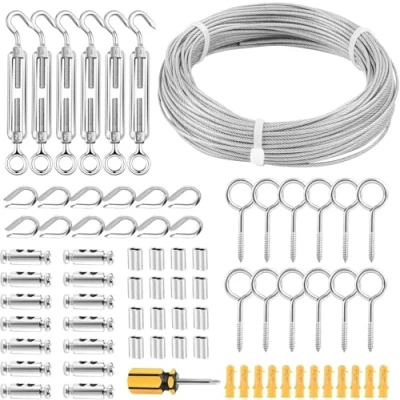 Image of FSHIHINE Garden Wire Turnbuckle Tensioner Kit with Rope Cable 30M (2mm), 304 Stainless Steel Railing Kit, Picture Hanging Wire/Wire Fence /Catenary for Decking Climbing Plants