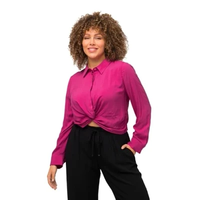 Image of Ulla Popken Women&#039;s Short Shirt Blouse with Knot Detail, Fuchsia Pink, 28 30