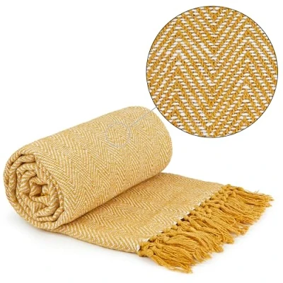 Image of Emma Barclay Herringbone Recycled Cotton Patterned Chair Sofa Setee Bed Throw Over Blanket in Ochre Yellow 50x60 (127x152cm)