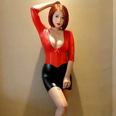 Image of Women PU Leather Bandage Dress Corset Bodycon Sexy Wet Look Night Club Dancewear (Red)