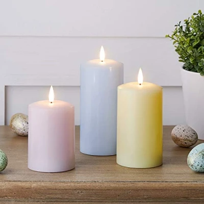 Image of Lights4fun Set of 3 Pastel Easter TruGlow® Battery Operated LED Flameless Pillar Candles Real Wax Timer &amp; Remote