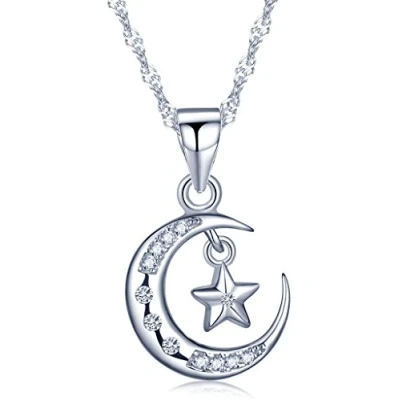 Image of Infinite U Fashion Crescent Moon Star 925 Sterling Silver Cubic Zirconia Pendant Necklace for Women/Girls,