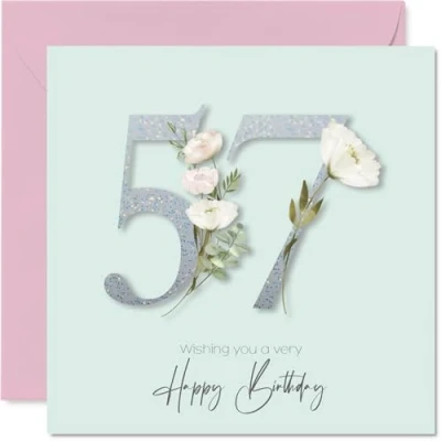Image of 57th Birthday Cards for Women Fancy Floral Flowers Happy Card 57 Year Old Woman Nan Grandma Nanny Cousin, 145mm Bday Greeting