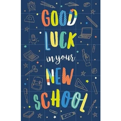 Image of Good Luck in Your New School Card for Boys Equipment with Foil Finish Eco Friendly by Words and Wishes