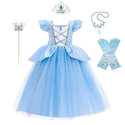 Image of Lito Angels Princess Cinderella Fancy Dress Up Costume Party Ball Gown with Accessories Set for Kids Girls Age 4 5 Years, Blue (Tag Number 120)
