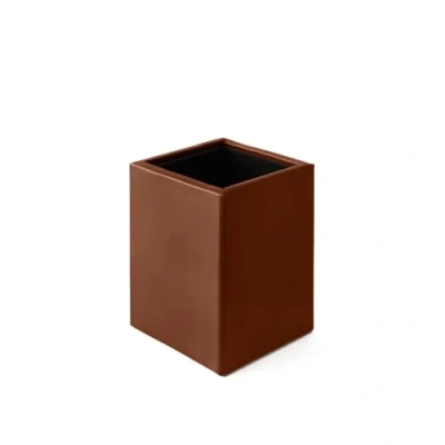 Image of eglooh Minerva Pen Holder for Desk Leather Orange Brown Square Design and Handcrafted Finishes cm 7 x H.9,5 Entirely Made in Italy