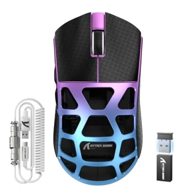 Image of ATTACK SHARK R3PRO 46g SUPERLIGHT Magnesium Alloy Mouse, 8000Hz Wireless Polling Rate, 26000DPI, 2.4G/BT/Wired Gaming PixArt PAW3395 Sensor, Programmable Mice with Coiled Cable, PC/Mac, Purple