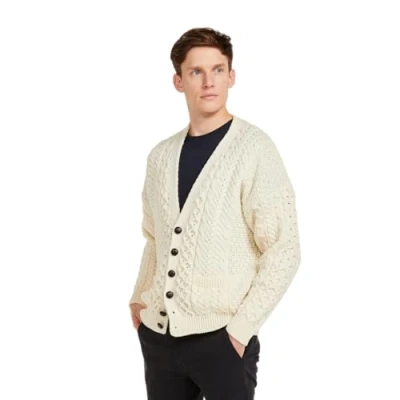 Image of Aran Woollen Mills Men&#039;s 100% Merino Wool Irish V Neck Knit Cardigan (Merino White, Large)
